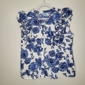 Cece blue white preppy 3d flower button front coastal classic boxy top size med